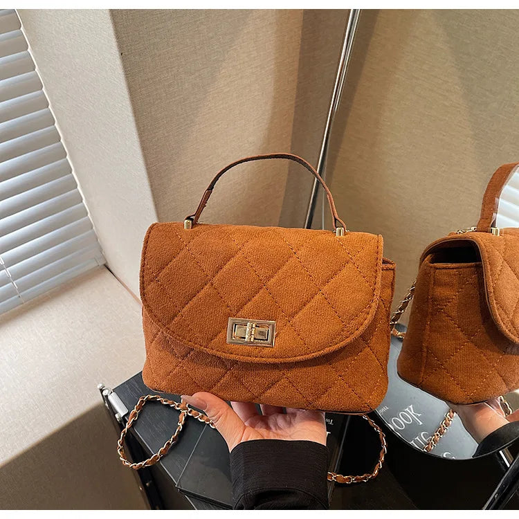 Diamond Grid Chain Crossbody Bag One Shoulder Purse Trendy Flip Top Clutch Women's Fashion Suede Leather Casual Shoulder Bag