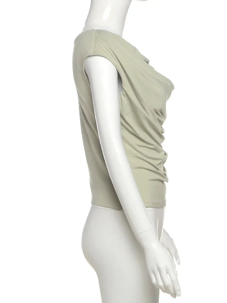 Irregular Metal Knots Tops Women Sexy Pleated Skinny High Stretch Solid Daily Casual Simple Streetwear Basic Tees