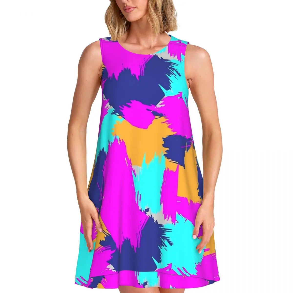 80s Color Block Print Mini Dress - Sleeveless A-Line Tank Dress