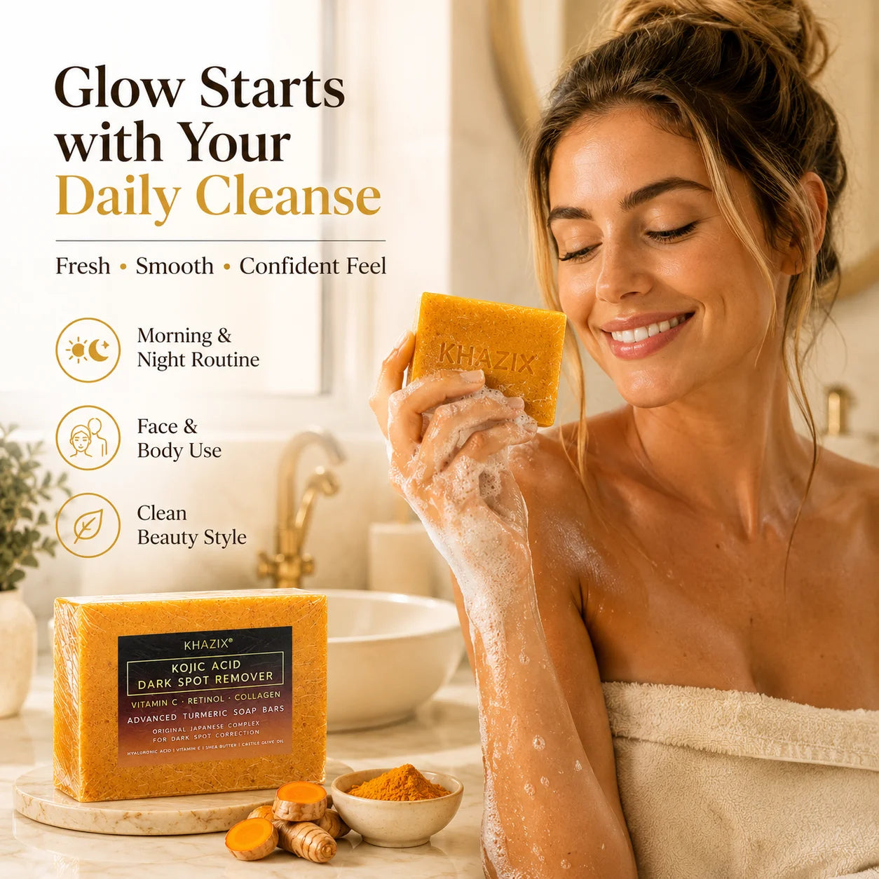 Jabón facial y corporal de cúrcuma y ácido kójico, limpieza suave con manteca de karité, retinol y vitamina E