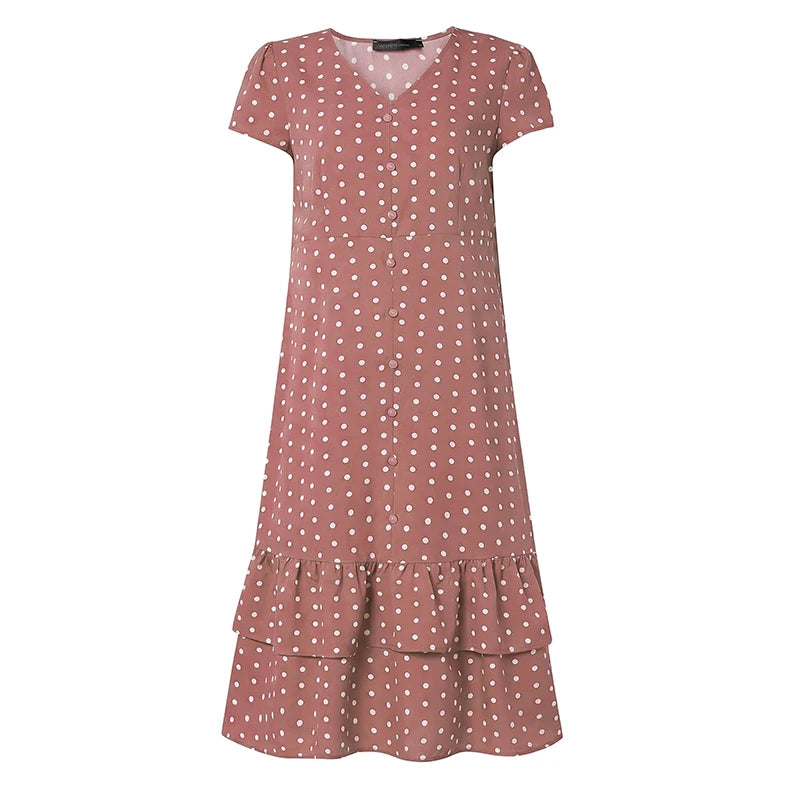 ZANZEA Summer Polka Dots Printed Women Dress Elegant Casual Holiday Beach Ruffled Sundress V Neck Short Sleeve Work Midi Dresses