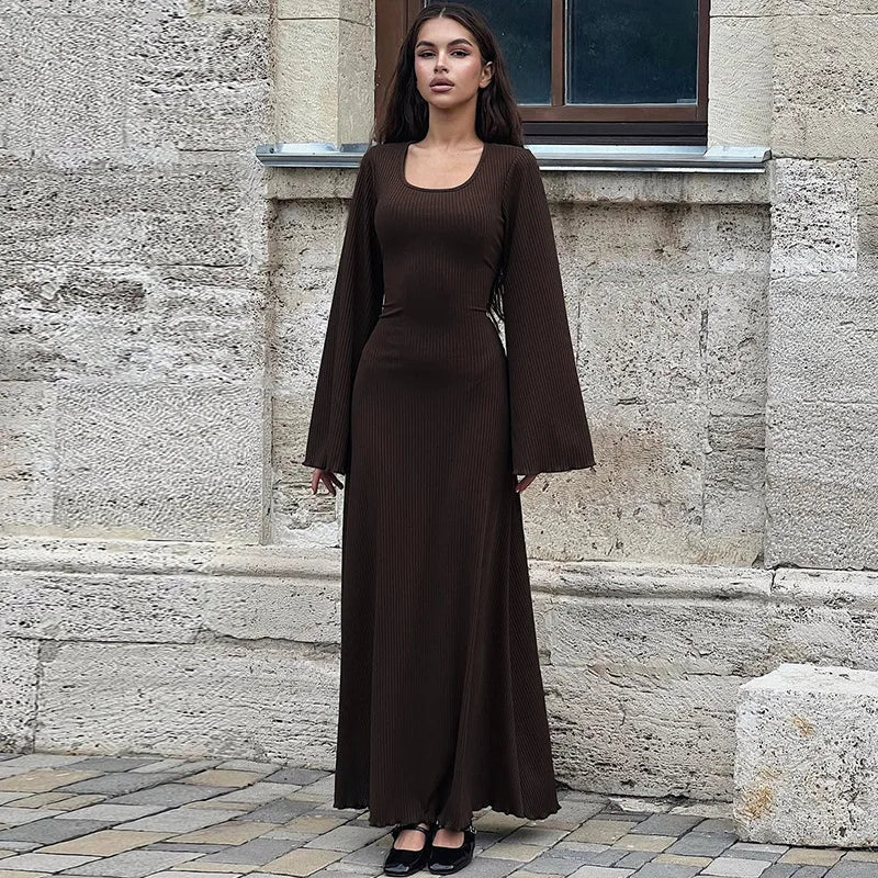 Women's Flare Sleeve Maxi Dress – Slim Fit Lace-Up Floor-Length Gown