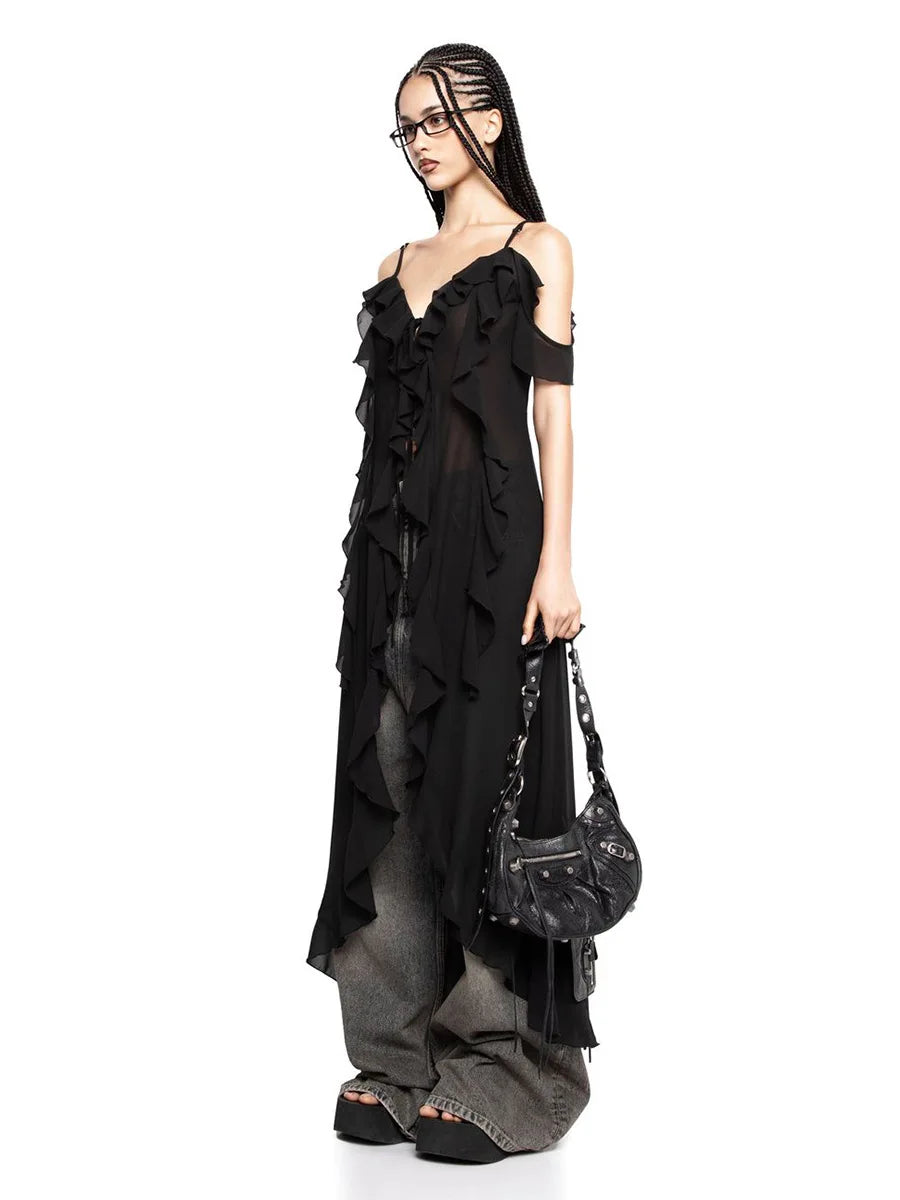 2026 Summer New Irregular V-neck Ruffle Ribbon Sexy Sleeveless Strap Long Dresses Bornladies Women's Strap Dress