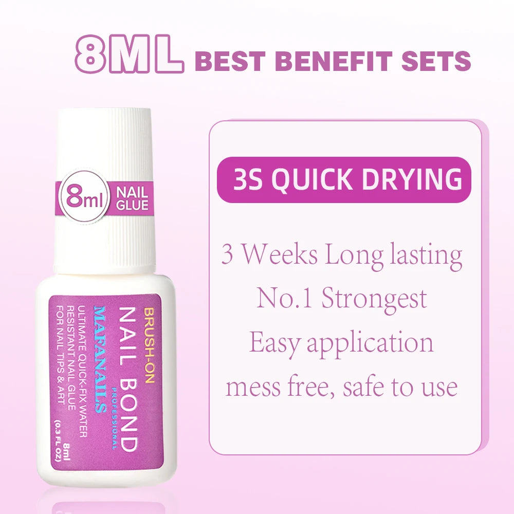 Pegamento de uñas con brocha de 8 g/botella para puntas de uñas acrílicas, adhesivo de larga duración, súper fuerte (7 g/unidad), adecuado para uso profesional.
