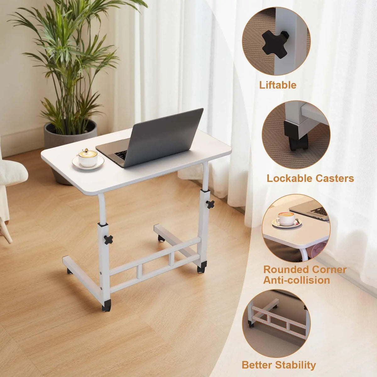Adjustable Height Standing Desk With Wheels, Mobile C Shaped Laptop Table, Rolling Computer Workstation For Home Office Bed Sofa