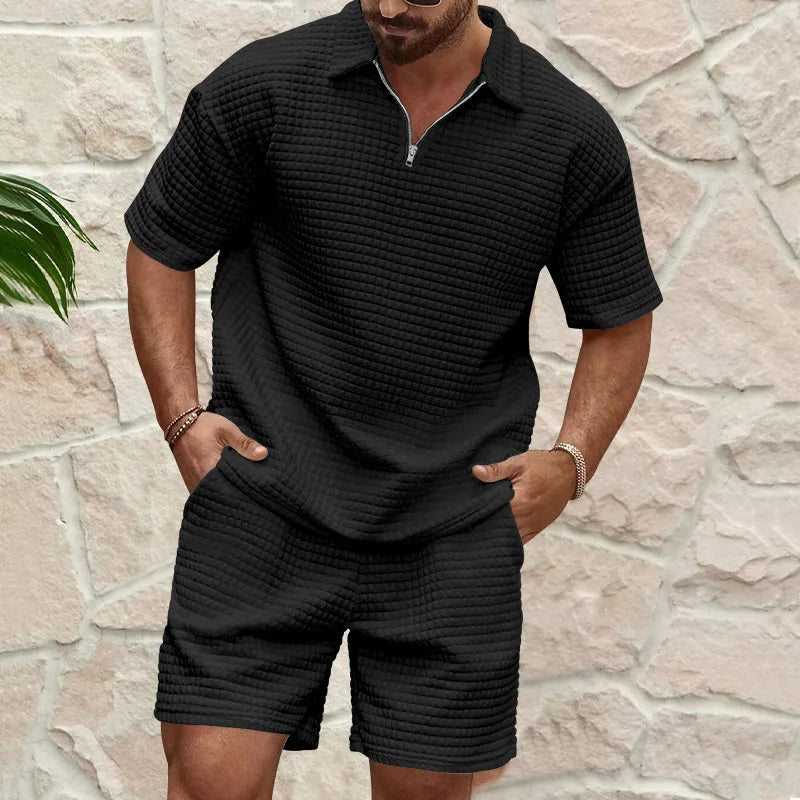 Mens Plaid Lapel Summer Breathable Sports Suit Set Short Sleeve Top And Shorts For Youth Men