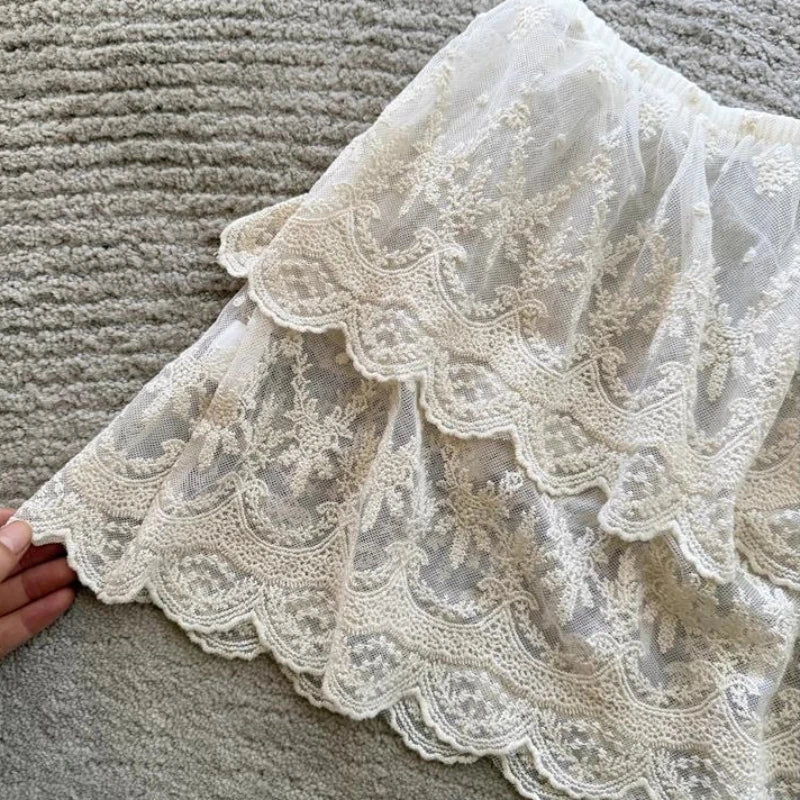 Korean Lace Embroidery Flower Skirt 2026 Faldas Mujer De Moda Elastic Waist Mini Summer Jupe Fashion Sweet Y2k Vintage Skirts