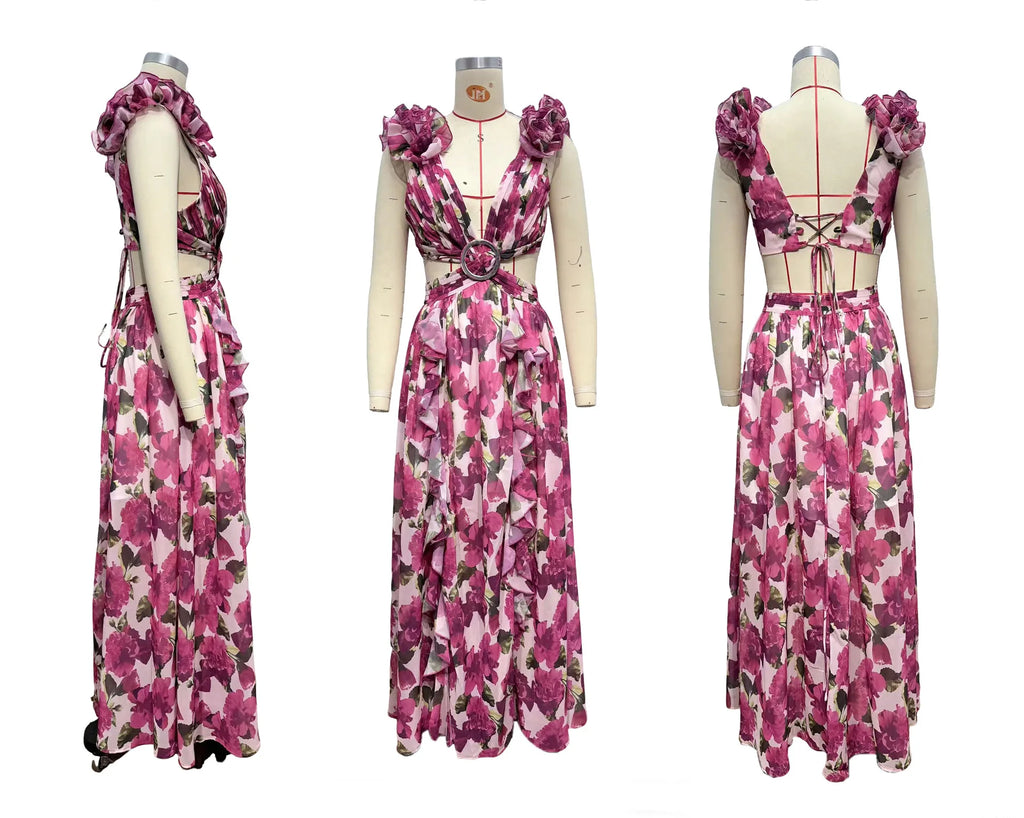 Floral Dress Women Spring Summer Deep V Neck Ruffle Hem Hollow Out Backless Maxi Dresses Bohemian Beach Sundress Outfit