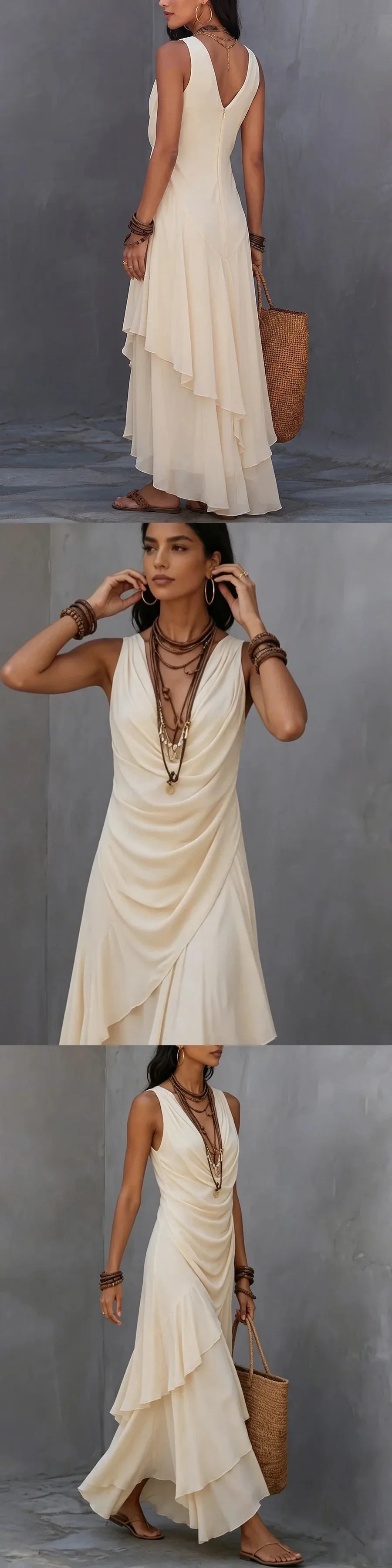 Womens V Neck Sleeveless Dress Summer Casual Long Dresses with Ruffle Hem Flowy Tiered Maxi Dresses
