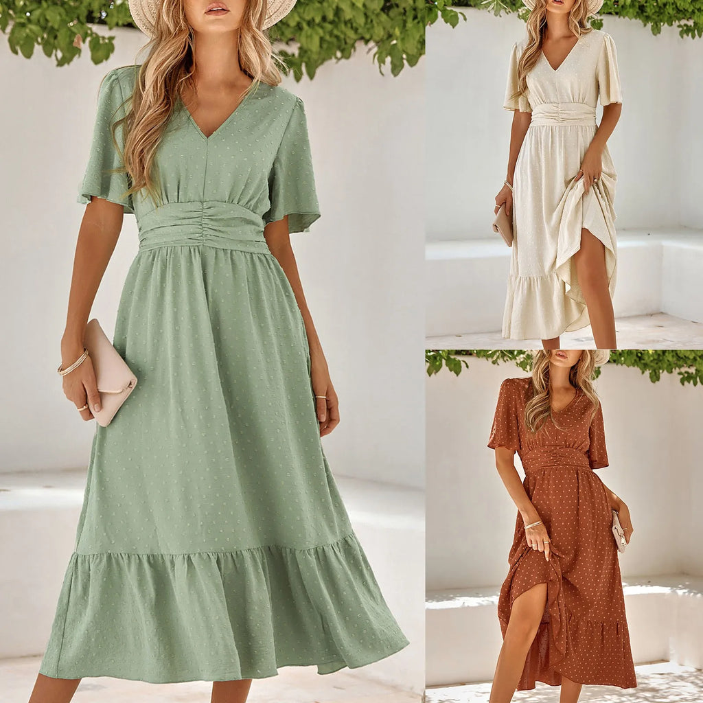 Women V-Neck Ruffle Hem Maxi Dress Solid Short Sleeve Flowy Long Dress Summer Elegant Beach Vacation Party Wedding Guest Outfit
