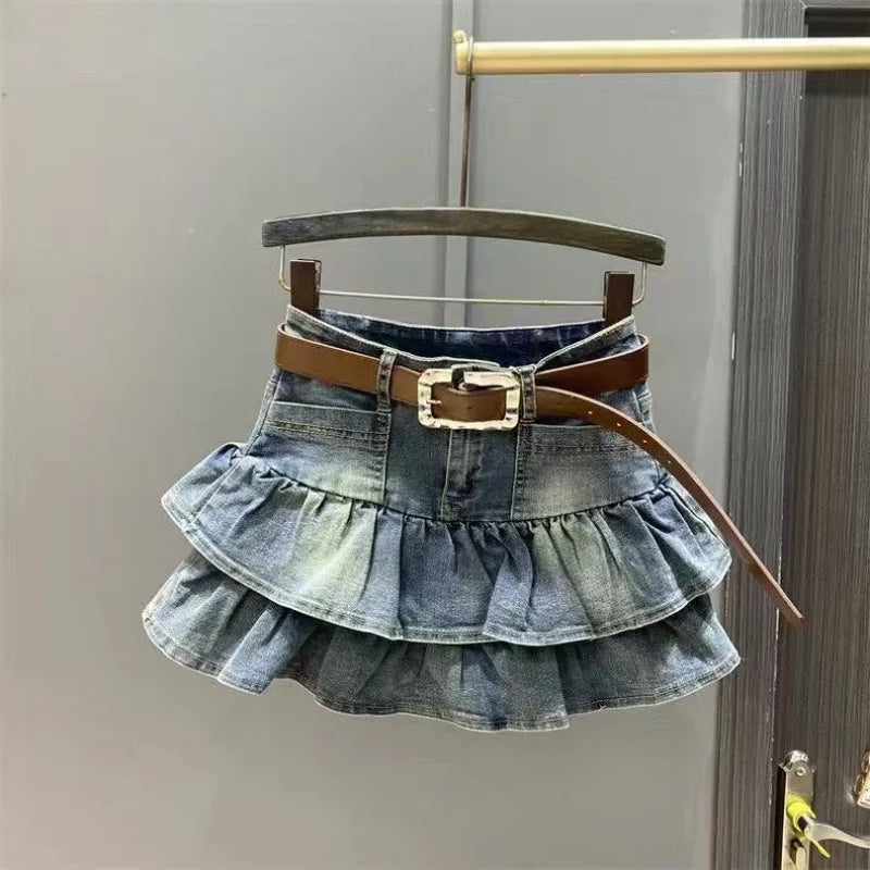 Girls Dress 2025 Summer New Denim Short Skirt Korean Version Flanged Cake Skirt Elastic Elastic Waist A-line Skirt Fashion 3-14Y
