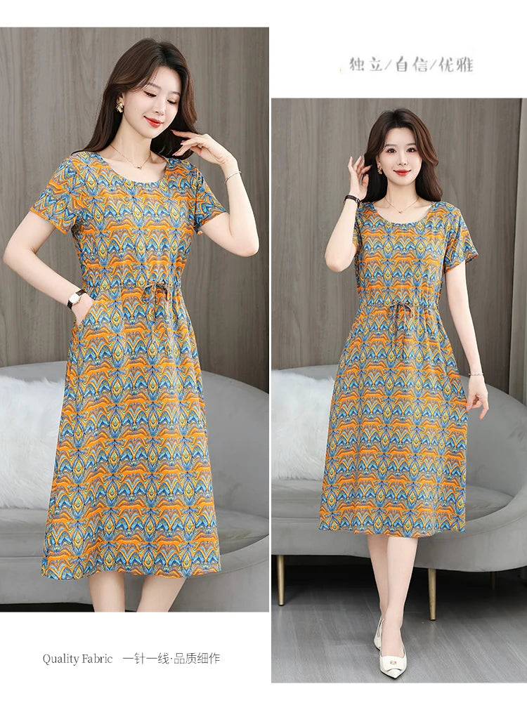 New Elegant Floral Dress  Bohemian plus Size Women Summer Short Sleeve Clothing with Large Hem for Casual Occasions