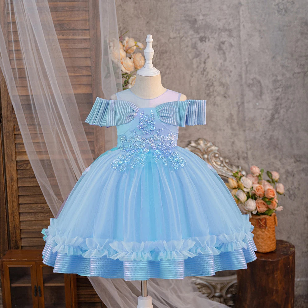 HETISO Appliques Girl Kid's Dress Elegant Flower Student Girl Clothes Children's Formal Holiday Party Gown 2-10 Years