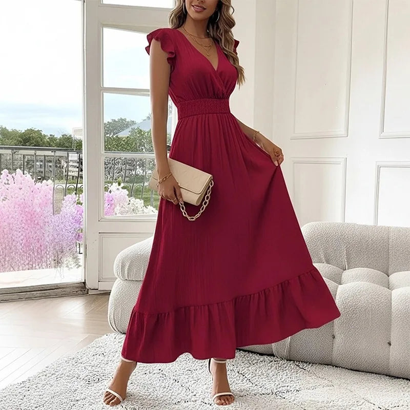 Women's Fashionable Elegant and Casual Long Ruffled Sleeves and Elegant Commuting V-neck Solid Color Pleated Splicing Slim Dress