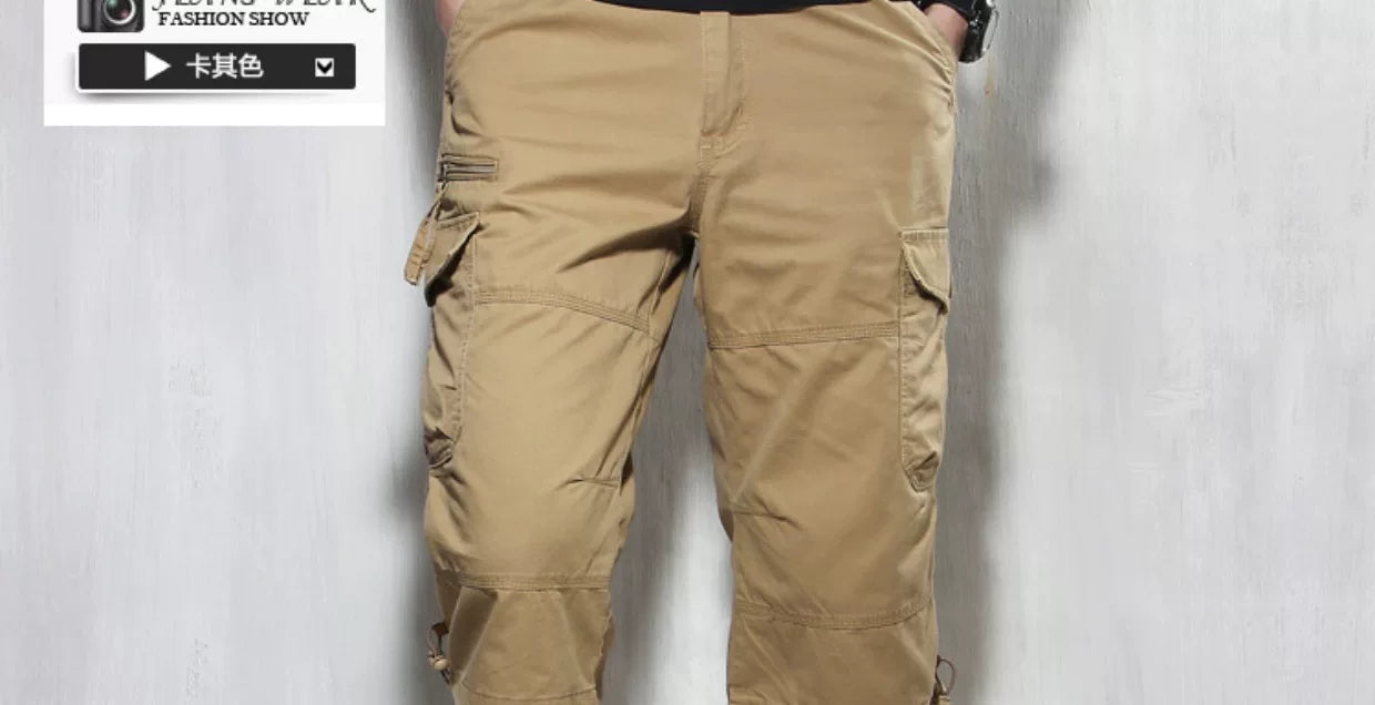 Summer Cargo Pants, Thin, Loose, Plus-Size Men's Shorts, Multi-Pocket Mid-Length Pants, Outdoor Casual Seven-Point Pants, High-Waisted for Men