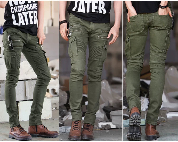 European and American trendy men's BIKER pleated stretch skinny casual pants High Street multi-pocket zipper men's slim fit overalls