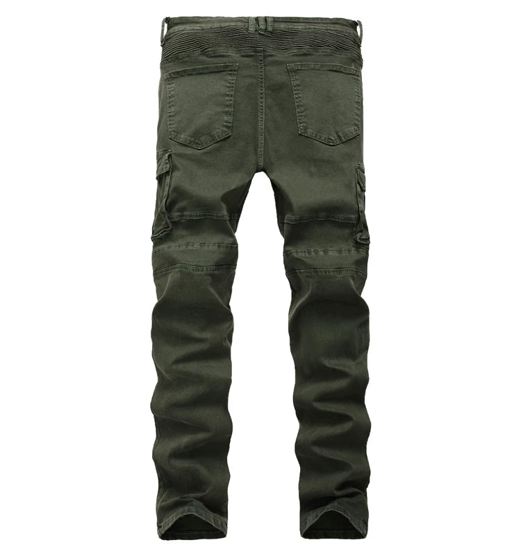 European and American trendy men's BIKER pleated stretch skinny casual pants High Street multi-pocket zipper men's slim fit overalls