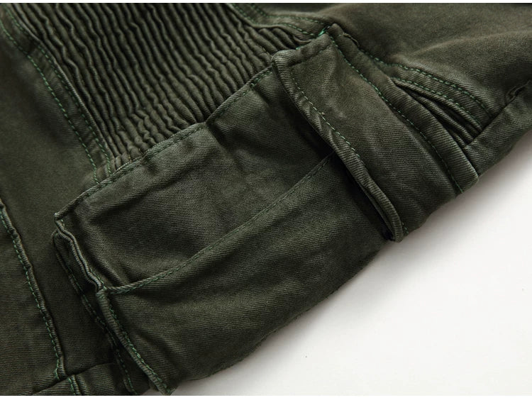 European and American trendy men's BIKER pleated stretch skinny casual pants High Street multi-pocket zipper men's slim fit overalls
