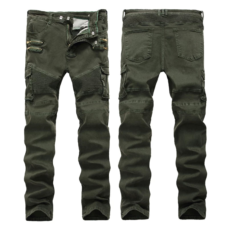 European and American trendy men's BIKER pleated stretch skinny casual pants High Street multi-pocket zipper men's slim fit overalls