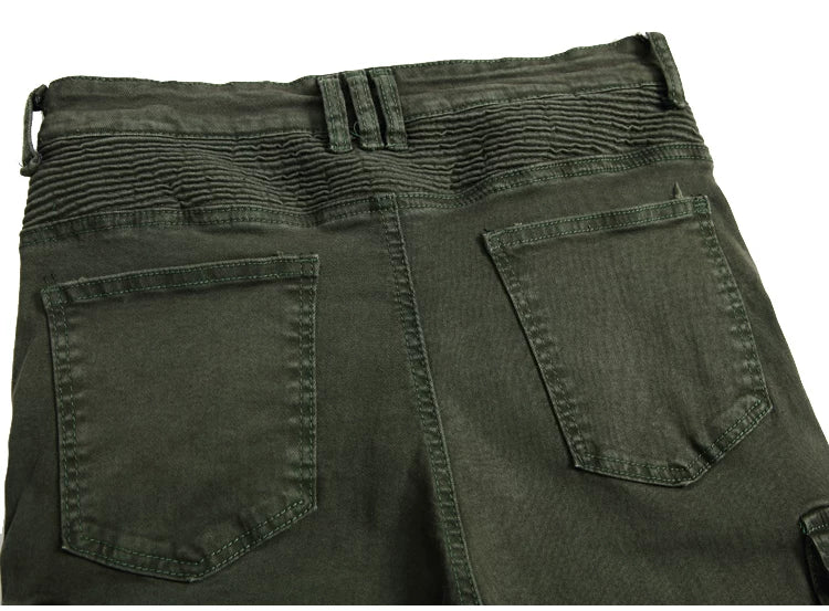 European and American trendy men's BIKER pleated stretch skinny casual pants High Street multi-pocket zipper men's slim fit overalls