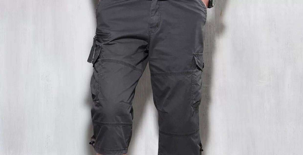 Summer Cargo Pants, Thin, Loose, Plus-Size Men's Shorts, Multi-Pocket Mid-Length Pants, Outdoor Casual Seven-Point Pants, High-Waisted for Men
