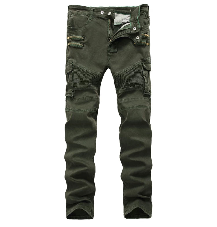 European and American trendy men's BIKER pleated stretch skinny casual pants High Street multi-pocket zipper men's slim fit overalls