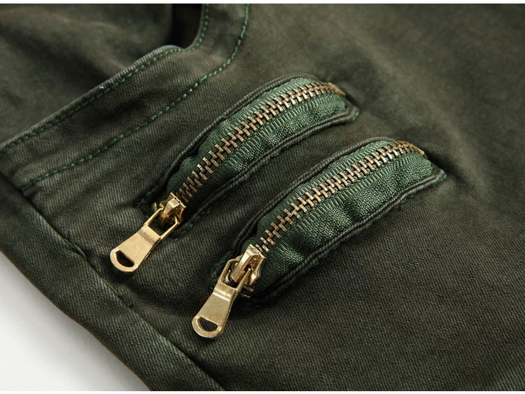 European and American trendy men's BIKER pleated stretch skinny casual pants High Street multi-pocket zipper men's slim fit overalls