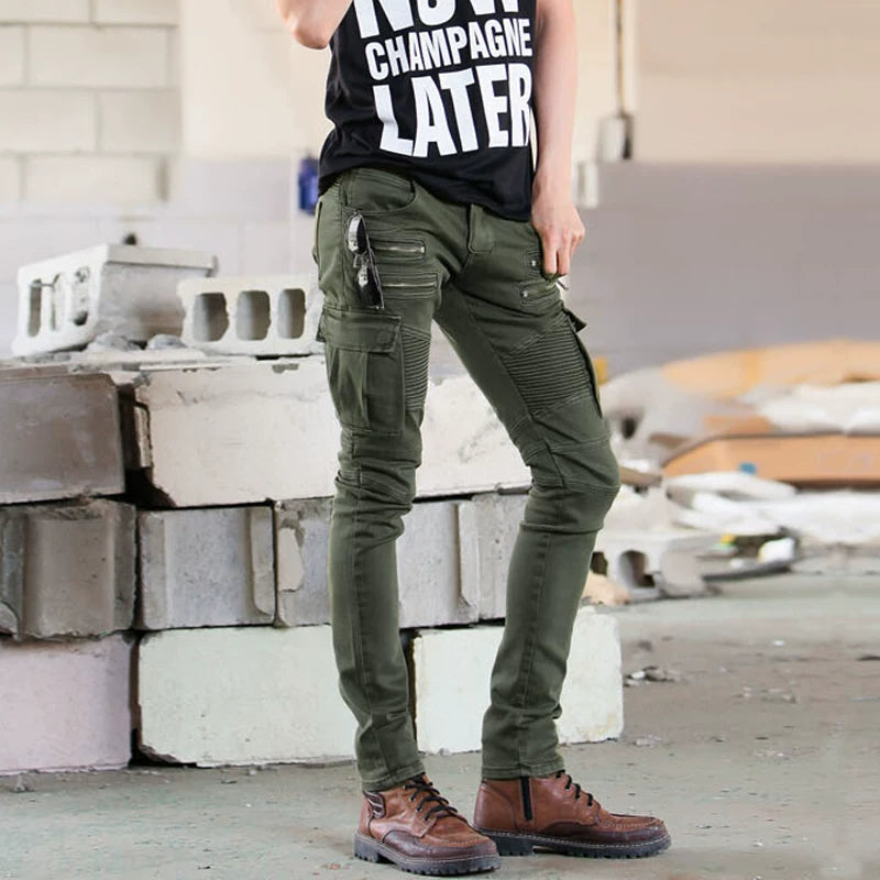 European and American trendy men's BIKER pleated stretch skinny casual pants High Street multi-pocket zipper men's slim fit overalls
