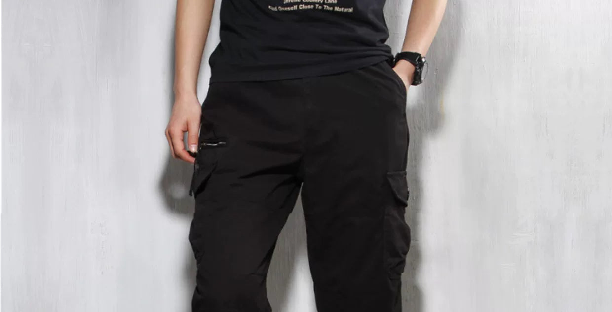 Summer Cargo Pants, Thin, Loose, Plus-Size Men's Shorts, Multi-Pocket Mid-Length Pants, Outdoor Casual Seven-Point Pants, High-Waisted for Men