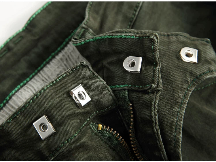 European and American trendy men's BIKER pleated stretch skinny casual pants High Street multi-pocket zipper men's slim fit overalls