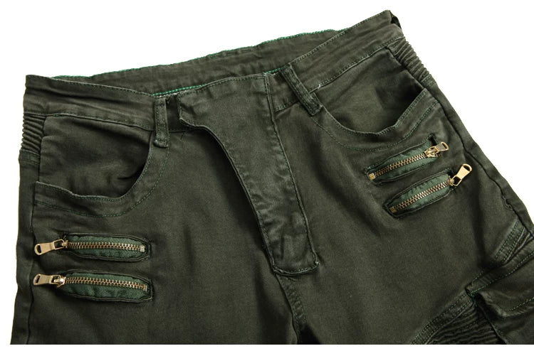 European and American trendy men's BIKER pleated stretch skinny casual pants High Street multi-pocket zipper men's slim fit overalls