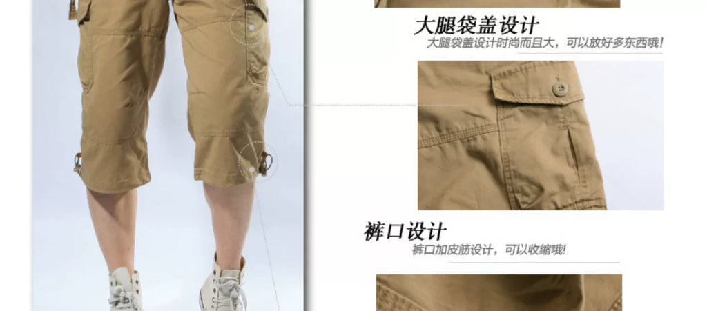 Summer Cargo Pants, Thin, Loose, Plus-Size Men's Shorts, Multi-Pocket Mid-Length Pants, Outdoor Casual Seven-Point Pants, High-Waisted for Men