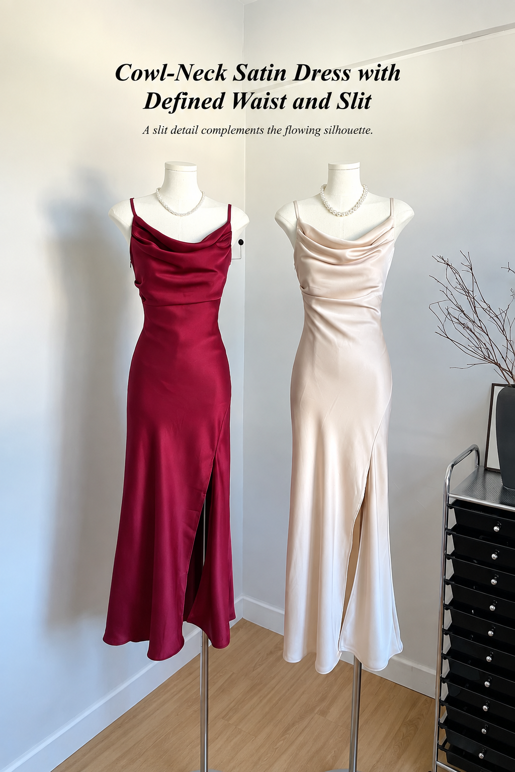 Burgundy and champagne dresses with English caption