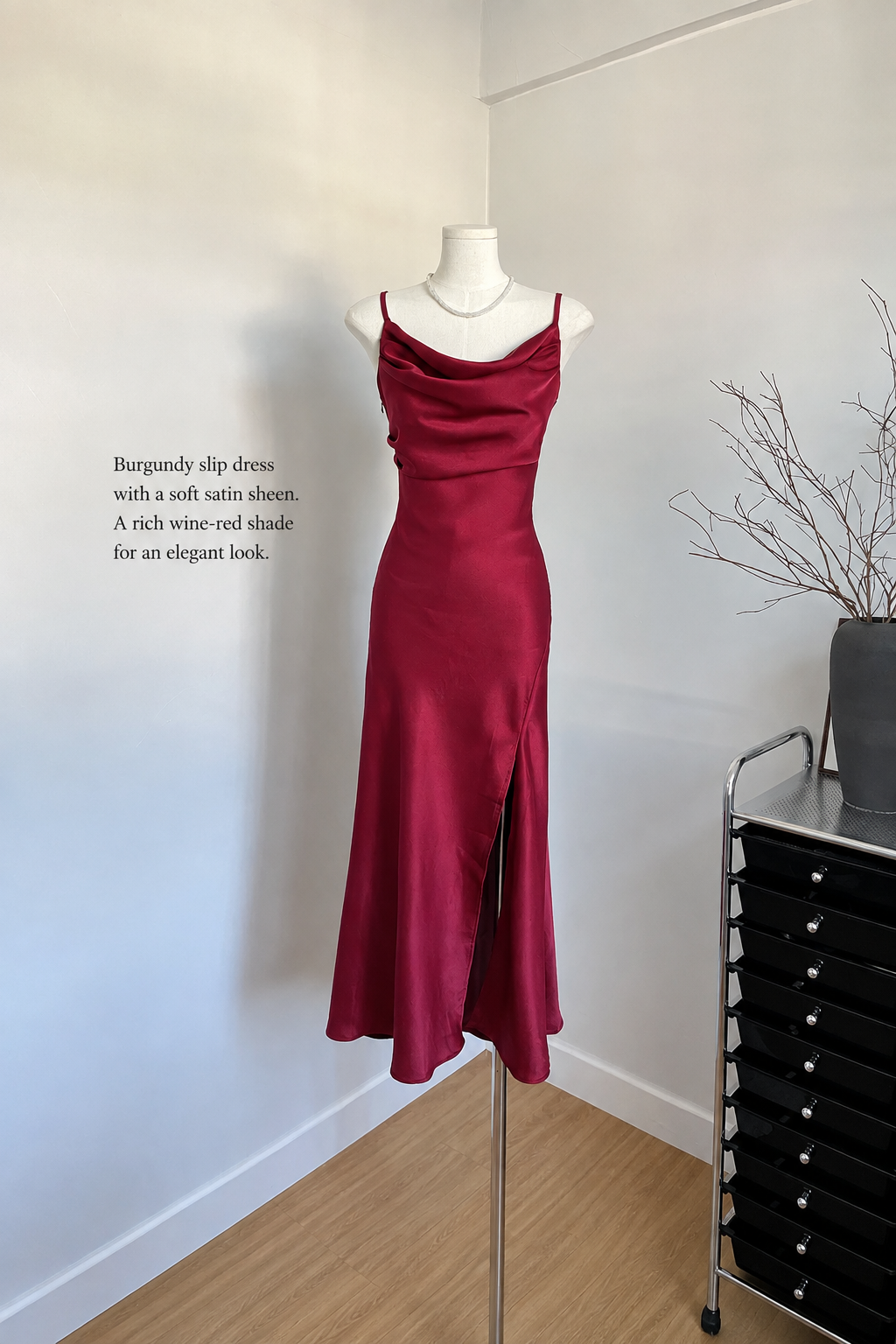 Burgundy satin dress with English caption