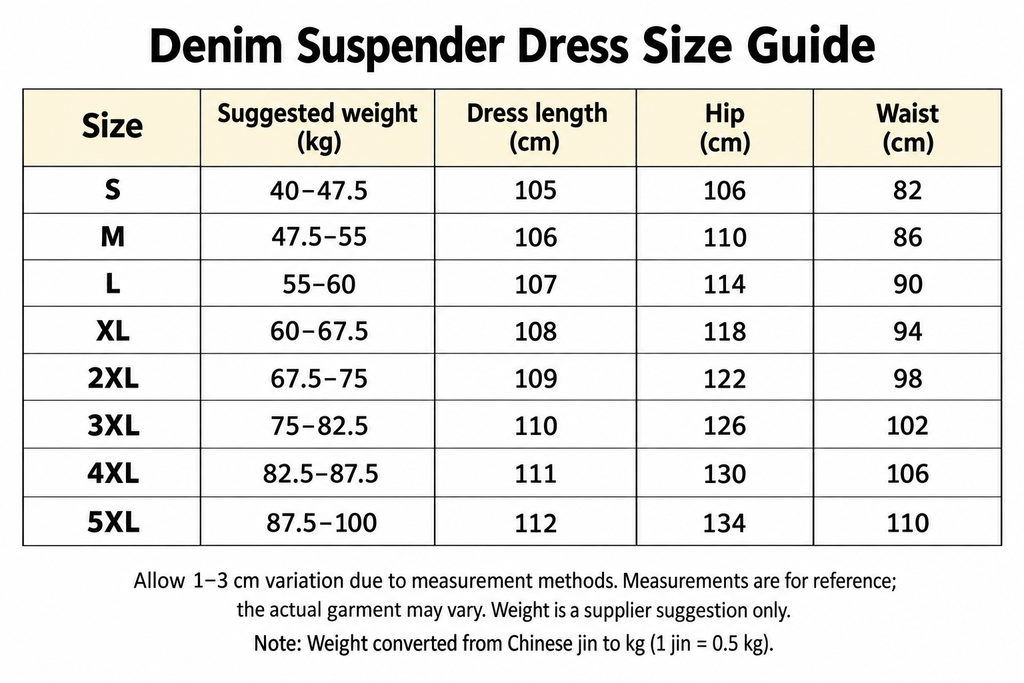 English size chart for the denim suspender dress