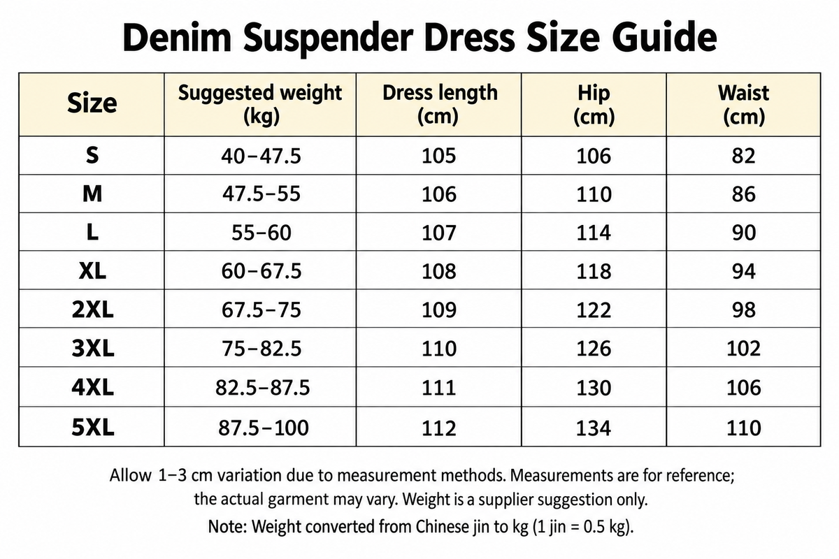 English size chart for the denim suspender dress