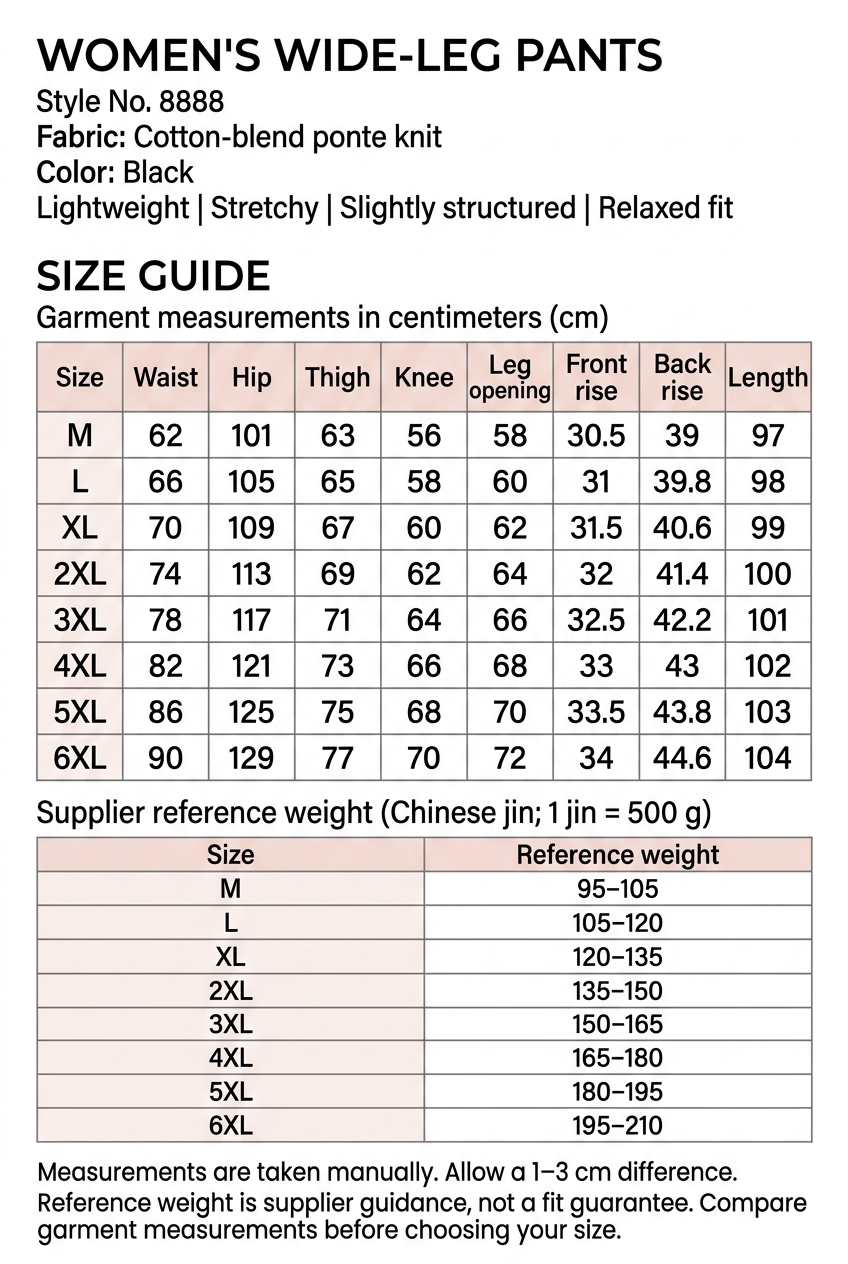 English wide-leg pants product information and size chart