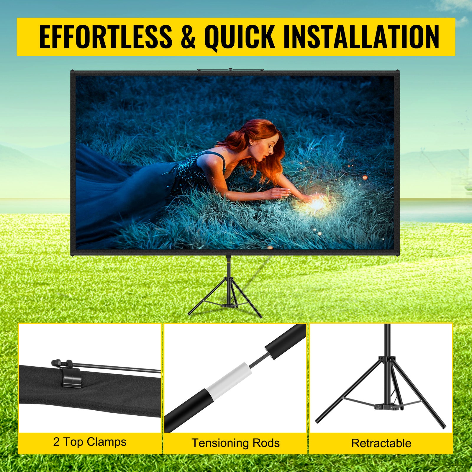 SucceBuy 60 70 80 90 100 110 in Tripod Projector Screen W/ Stand 16:9 4K HD Portable Home Cinema for Indoor & Outdoor Projection