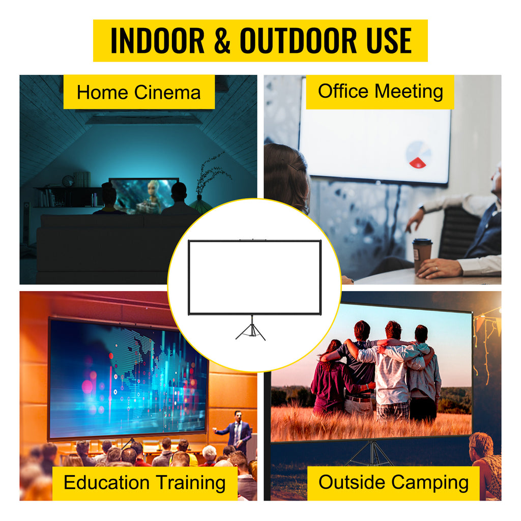 SucceBuy 60 70 80 90 100 110 in Tripod Projector Screen W/ Stand 16:9 4K HD Portable Home Cinema for Indoor & Outdoor Projection