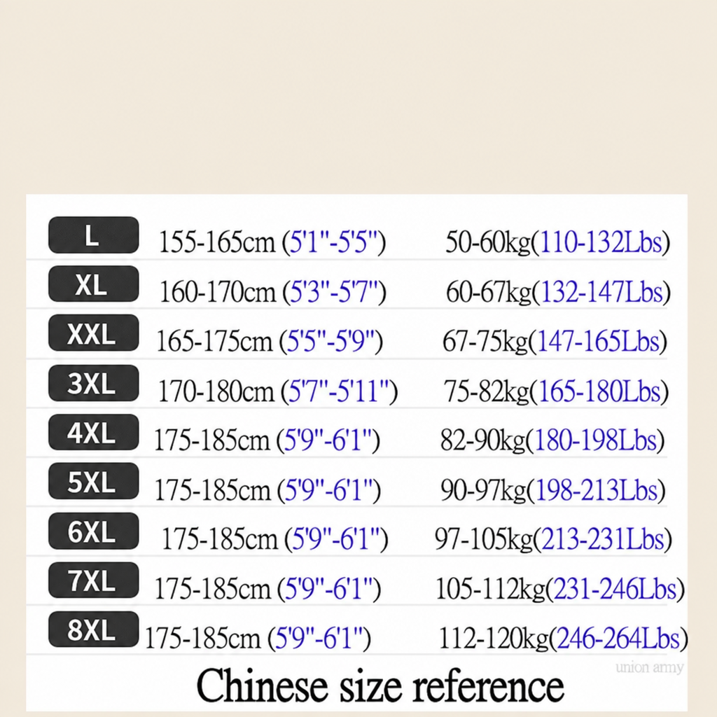 Size chart without red warning sign