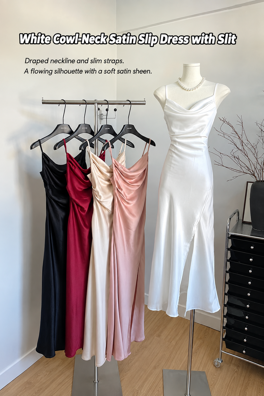 White satin dress with English caption